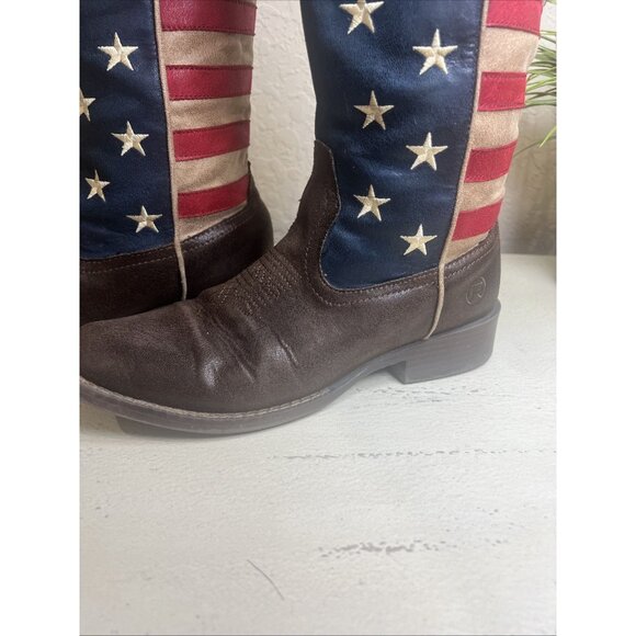 ROPER COWBOY BOOT BROWN FAUX LEATHER WITH AMERICAN FLAG UPPER Size 8 - Picture 12 of 14